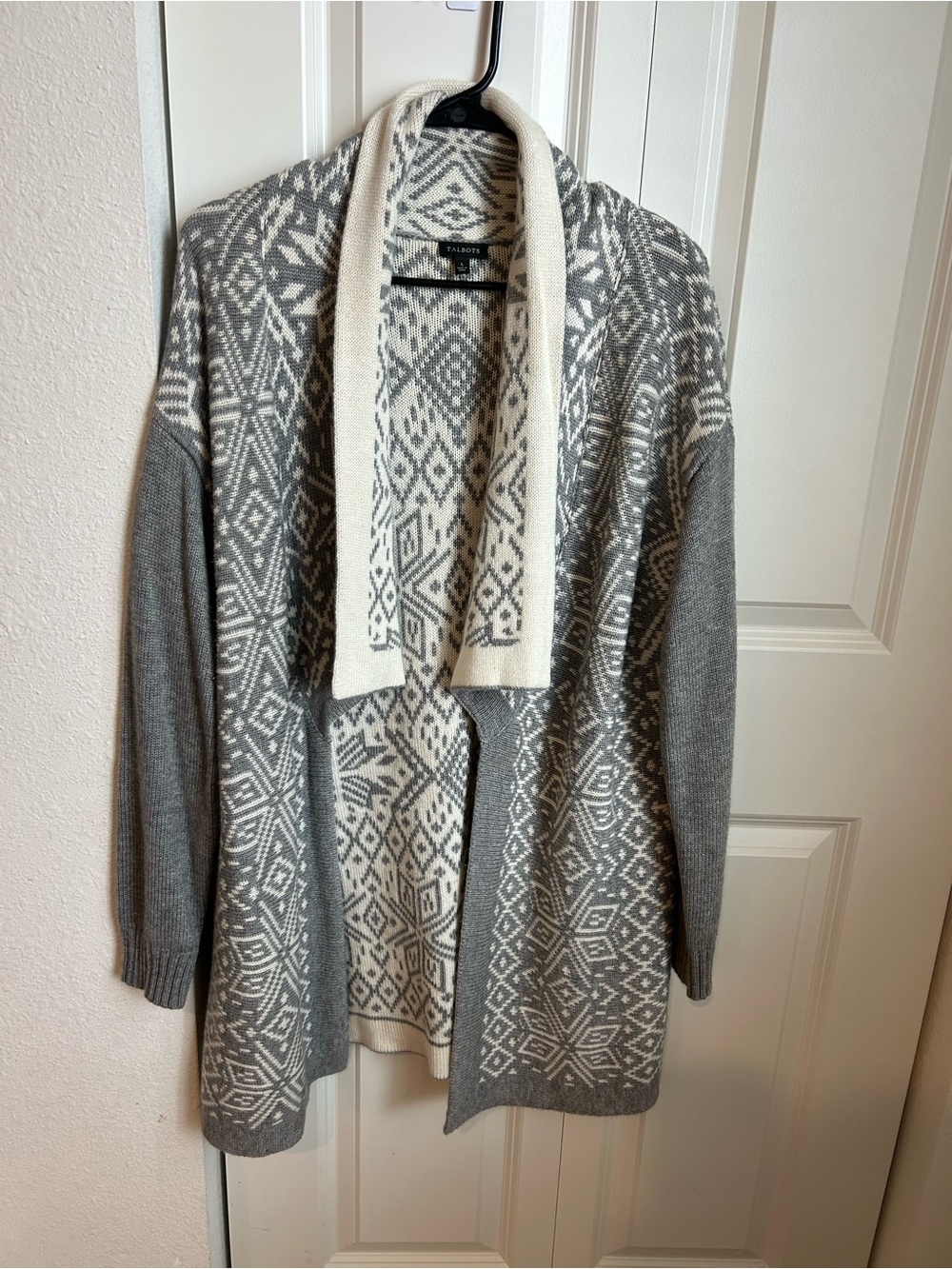 Talbots Gray and Cream Nordic Open-Front Cardigan